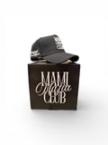 Side view of black Mami Mafia Club trucker hat showing structured shap
