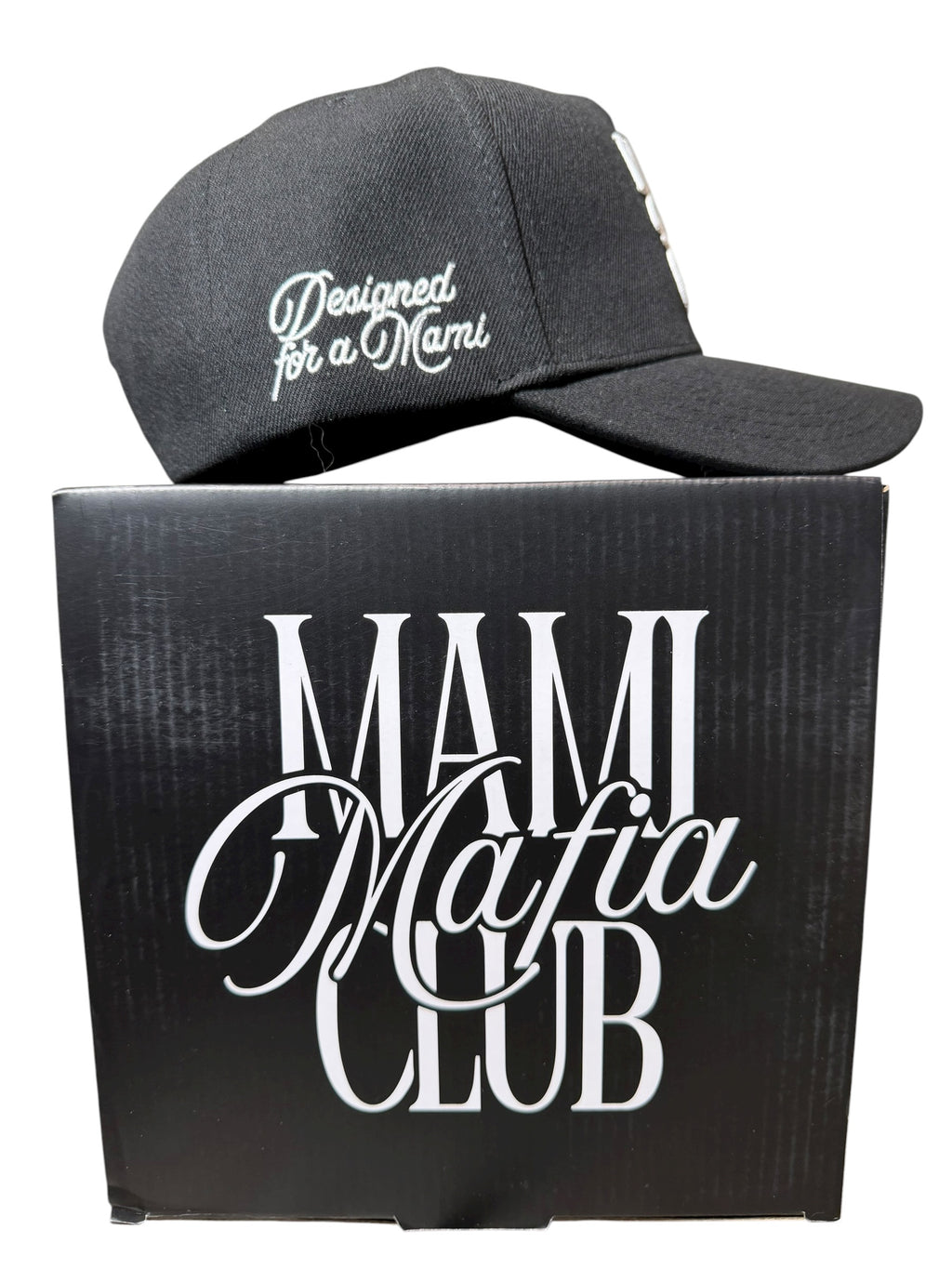 Side view of black Mami Mafia Club trucker hat showing structured silhouette and curved brim
