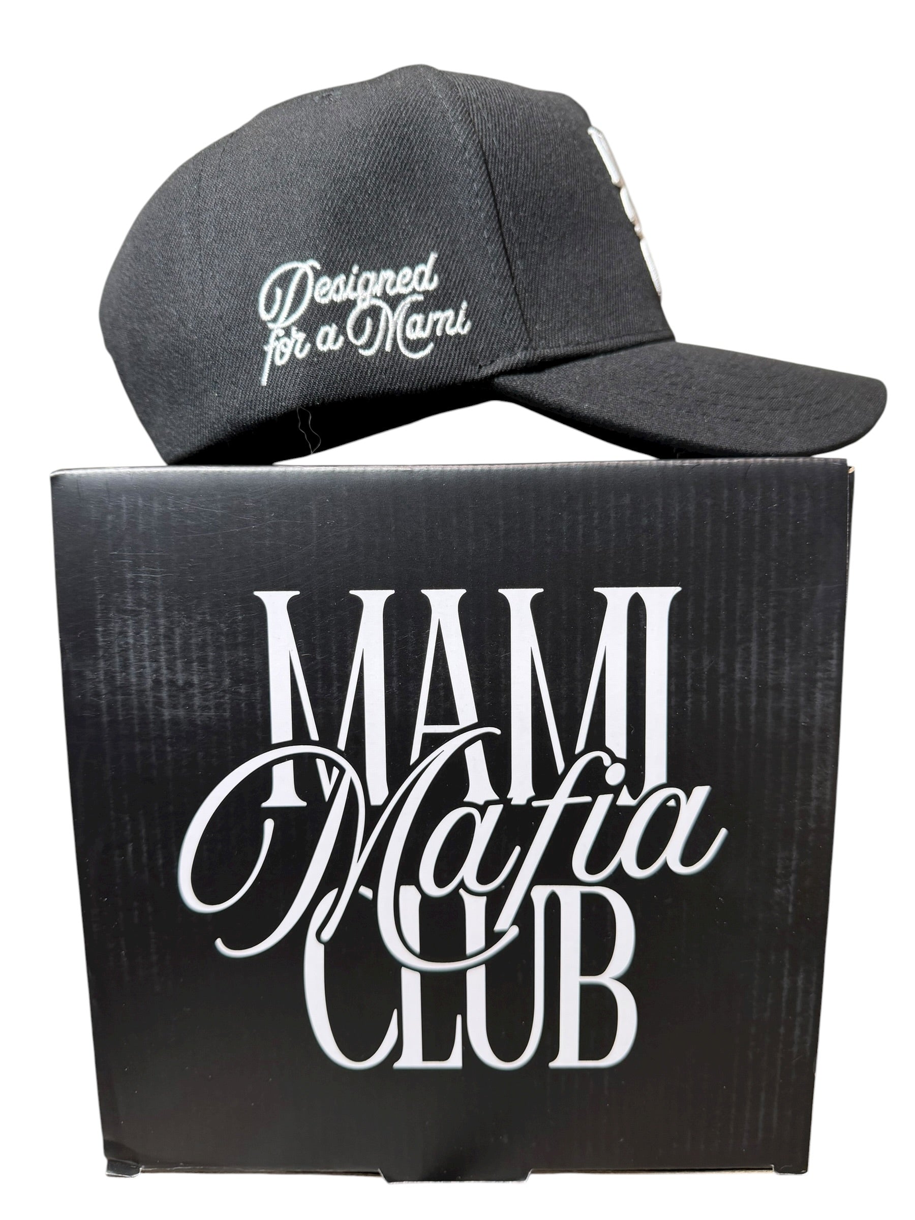 Side view of black Mami Mafia Club trucker hat showing structured silhouette and curved brim
